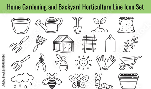 A collection of simple line icons for home gardening and backyard horticulture activities