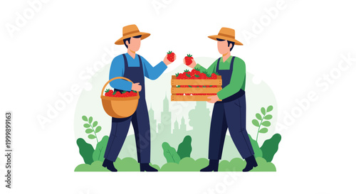 Two hardworking farmers wearing straw hats and overalls while harvesting ripe red strawberries in a green field with a city backdrop.