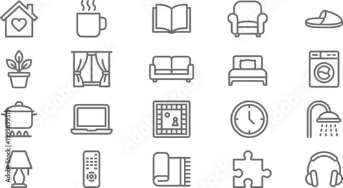 A comprehensive collection of outline icons representing common household items, furniture, and daily home activities.