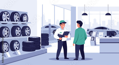 Friendly car salesman with a clipboard talking to a male customer in a modern showroom with tires and new vehicles.