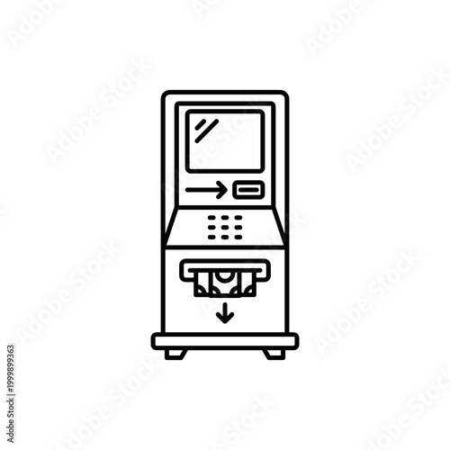Monoline vector illustration of an ATM machine dispensing cash