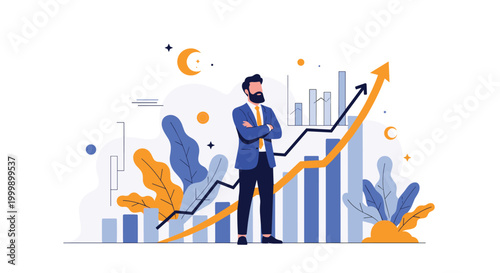 Confident businessman standing with arms crossed in front of rising bar graphs and a large upward arrow signifying financial success.