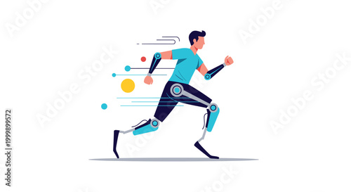 Athletic person with advanced bionic prosthetic legs running at high speed against a clean white background with motion graphics.