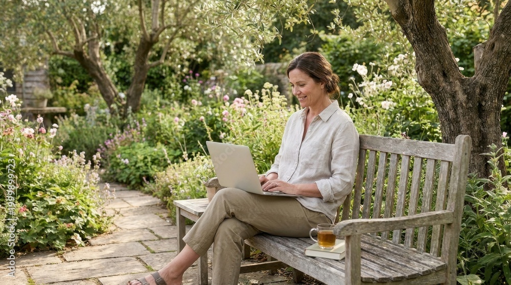 Fototapeta premium Woman working on laptop in peaceful garden setting with flowers