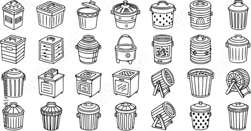 Household Waste and Storage Containers Line Art Icons Set - Hand Drawn Doodle Bins, Trash Cans, Appliances, and Miscellaneous Objects in Black and White