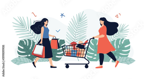 Two stylish women enjoying a shopping trip together with one carrying bags and the other pushing a cart full of various products.