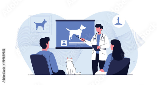 Professional veterinarian uses a pointer to explain dog anatomy on a screen to a couple with a white cat during a medical consultation.