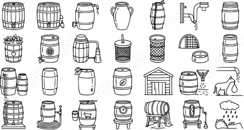 Black and White Line Art Icons of Barrels, Water, and Rustic Elements for Farm and Brewery