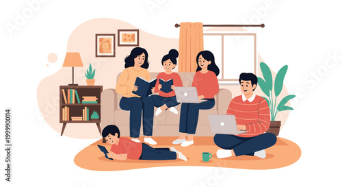 Happy family members spend time together in a cozy living room while reading books and working on laptops on the sofa and floor.