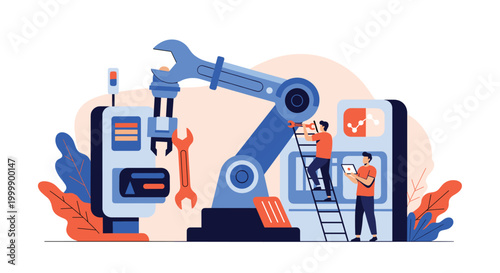 Industrial engineers work with a large robotic arm in a modern automated factory using a laptop for programming and maintenance.