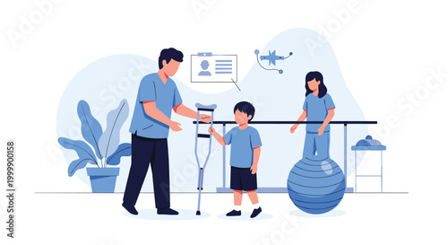 Male physical therapist helps a young boy on crutches while a female nurse watches during a rehabilitation session in a medical clinic.
