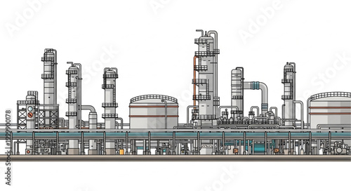 Industrial Oil Refinery Complex with Tall Towers and Tanks.