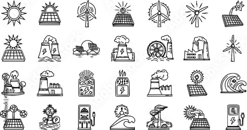 Renewable Energy and Power Generation Line Art Icons. Hand Drawn Black  White Doodle Set: Solar, Wind, Hydro, Nuclear, Geothermal, Electric Car, Green Tech.