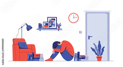 Person sits on the floor of a dim room with head on knees feeling sad, lonely, or depressed near stacks of books and a closed door.