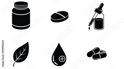 Healthcare, Medicine & Natural Remedy Vector Icons. Pills, Supplements, Dropper Bottle, Leaf, Capsules Symbol Set.