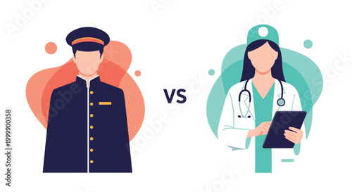 Illustration comparing different professions featuring a male pilot in uniform and a female doctor in a white coat with a stethoscope.