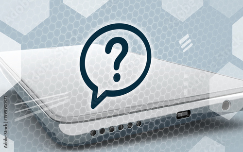 Conceptual image of a smartphone with a large question mark symbol representing technical issues, troubleshooting, support, digital communication uncertainty or device privacy