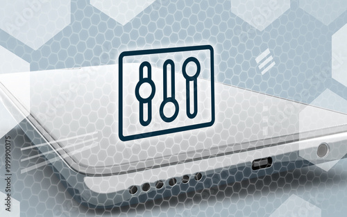 Digital technology concept with a smartphone and a control settings icon displayed in a modern graphic interface on a technical background with hexagonal patterns