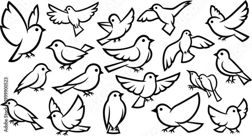 Collection of black and white stylized birds in various poses, flying and perched silhouette