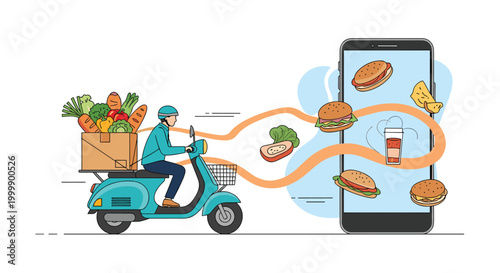Efficient food delivery service showing a courier on a scooter with fresh groceries and burgers coming out of a phone.