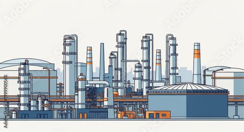 Industrial Oil Refinery Complex with Tall Towers and Storage Tanks.