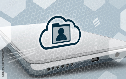 Conceptual graphic illustrating cloud-based contact management and synchronization technology on a mobile smartphone device with abstract digital background elements