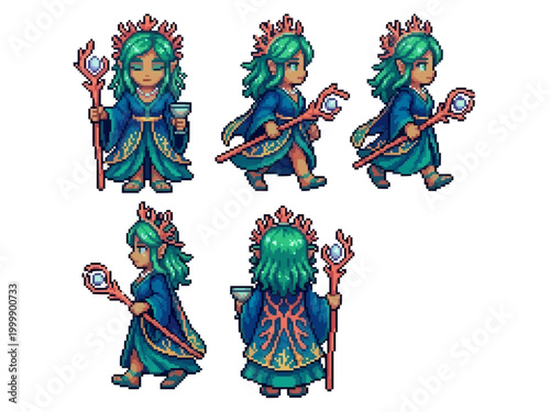 pixel art character spritesheet of an elven priestess wearing a blue coral gown, a sea crown, and holding a magic staff.