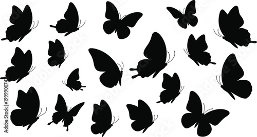 Collection of black butterfly silhouettes in various poses and sizes white insect