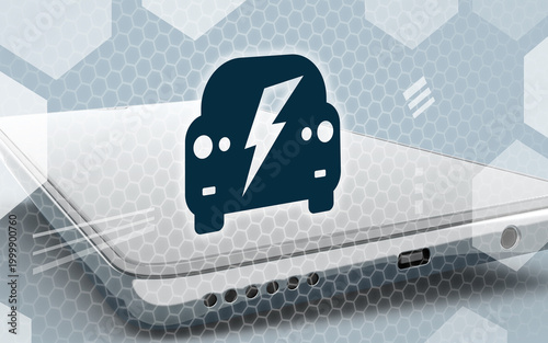 Conceptual graphic featuring a smartphone with an electric car charging symbol displayed on its surface, representing the integration of mobile technology and electric mobility.
