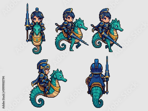 pixel art character spritesheet of a noble cavalier knight in blue armor riding a loyal teal seahorse mount with lance.