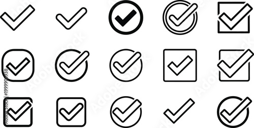 Collection of black check mark in various styles, including circles and squares tick confirm approve