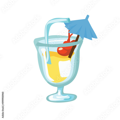 summer beverage concept.  tropical cocktail drink with cherry garnish straw and umbrella illustration