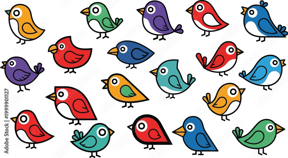 Obraz premium Collection of colorful cartoon birds with black outlines on a white background, cute