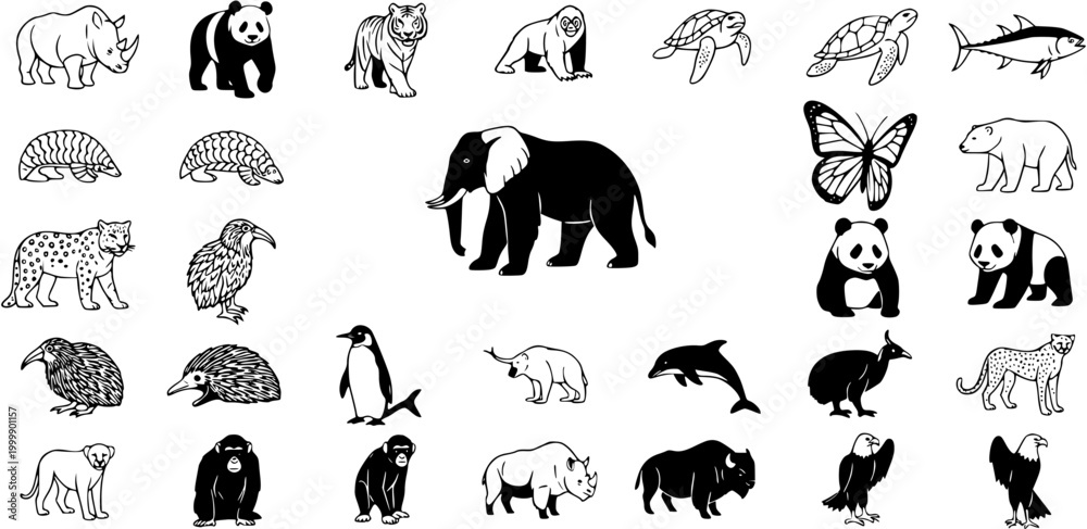 Fototapeta premium Black and White Line Art Vector Collection of Diverse Animals for Wildlife and Nature Themes