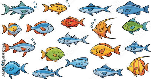 Collection of diverse cartoon fish in various colors and sizes, swimming aquatic