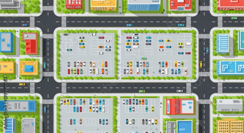 Billede på lærred Aerial View of a City Block with Buildings and Parking Lots.