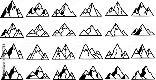 Hand-Drawn Black and White Mountain Peaks Icons Set. Doodle Style Vector Collection for Nature, Outdoor Adventure, Travel, and Landscape Designs.