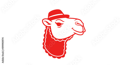 Red Camel Head Wearing Fedora Hat Illustration.