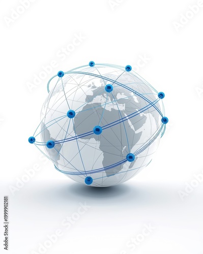 Digital earth globe with blue connection points and networking lines representing global communication technology and international business data exchange isolated on white background