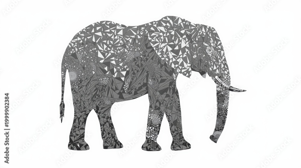 Fototapeta premium Abstract geometric elephant illustration with artistic triangle patterns in black and grey colors for modern creative graphic design and wildlife art isolated on white background