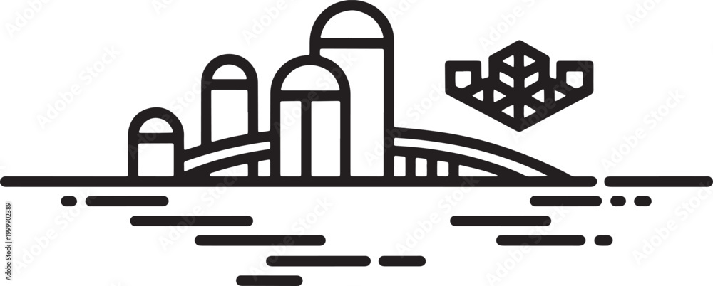Fototapeta premium Modern 4 building cityscape architecture with bridge and abstract water line art vector