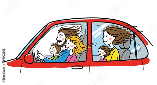 Illustration of a happy family driving in a red car.
