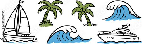 Summer nautical elements set including sailboat motor yacht palm trees and blue ocean waves for tropical beach vacations vector illustration.