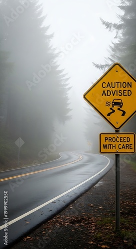 Yellow caution signs warn drivers about slick road conditions on a winding highway shrouded in dense fog