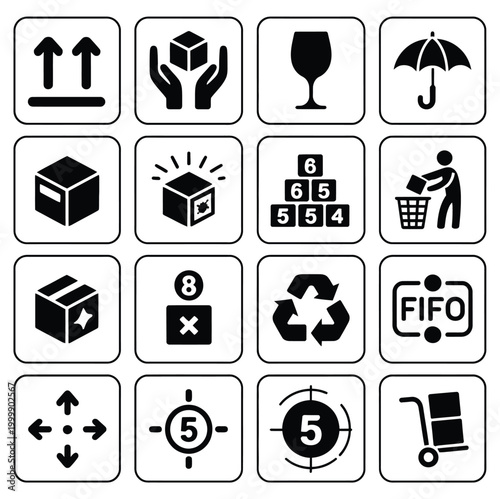 Shipping fragile warning icon set, package handling caution symbols vector illustration, breakable goods alert signage design logistics, e commerce delivery, and transportation