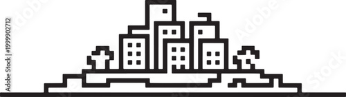 Pixelated cityscape with geometric buildings and trees, black and white vector