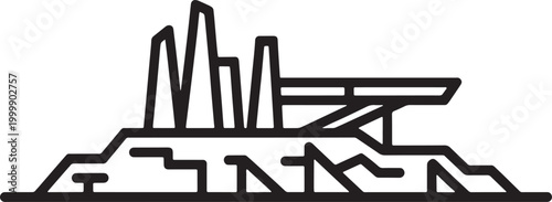 Sci-fi base on rocky terrain with 4 tall spires and a landing platform, futuristic icon