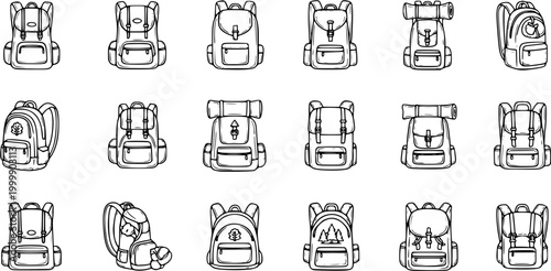 Hand-Drawn Black  White Line Art Backpacks Collection. Outline Doodle Style Rucksacks for Outdoor Adventure, School, and Travel Industry Designs.