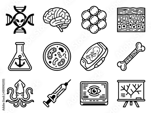 Science and Bioengineering Line Icon Set - Biology, Genetics, and Medical Research Symbols