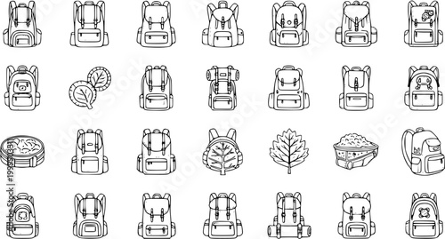 Black and White Line Art Icons of Backpacks and Camping Gear for Outdoor Adventure